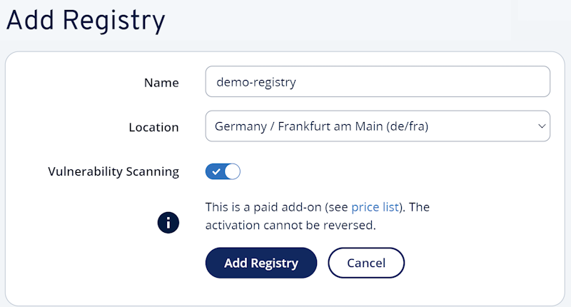 Add new IONOS Cloud Container Registry dialog