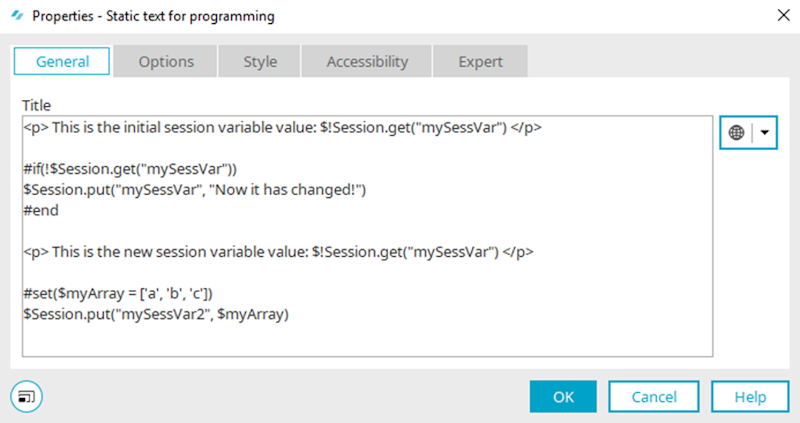 Static text for programming dialog